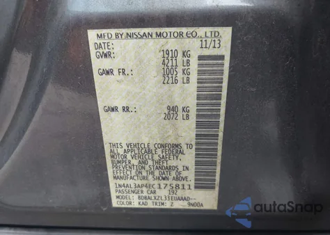 2014 Nissan Altima 2.5 Sl z USA, uszkodzony, nr VIN 1N4AL3AP4EC175811